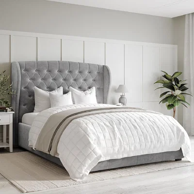Furniture123 Grey Velvet Small Double Ottoman Bed with Winged Headboard - Safina