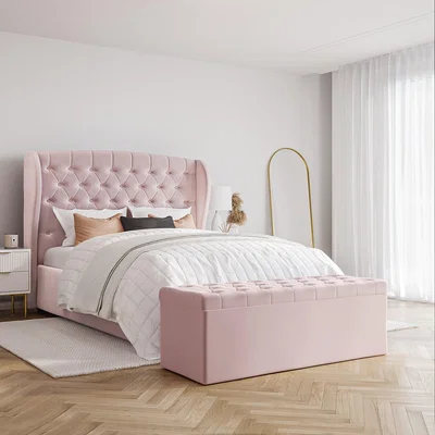 Furniture123 Pink Velvet Small Double Ottoman Bed with Blanket Box - Safina