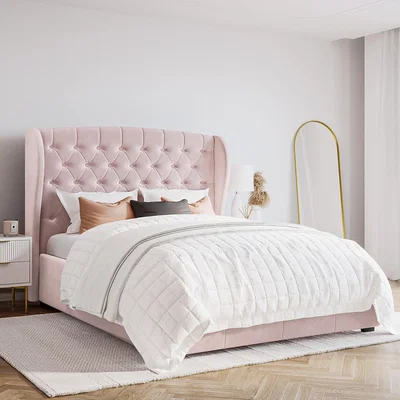 Furniture123 Pink Velvet Small Double Ottoman Bed with Winged Headboard - Safina