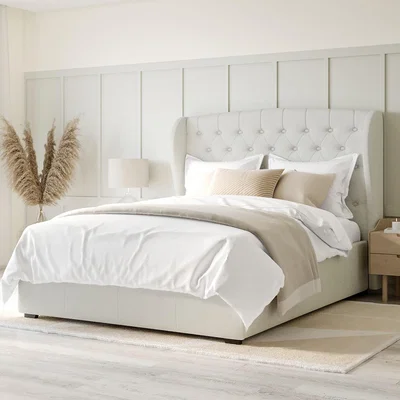 Furniture123 Cream Fabric Small Double Ottoman Bed with Winged Headboard - Safina