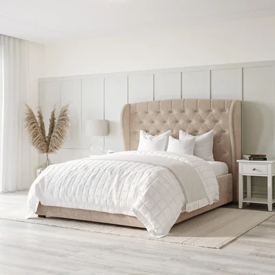 Furniture123 Beige Velvet Small Double Ottoman Bed with Winged Headboard - Safina