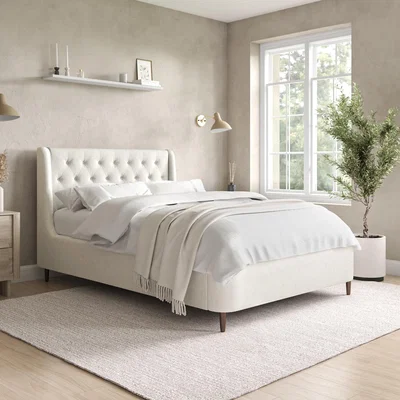 Furniture123 Cream Fabric Small Double Ottoman Bed with Legs - Amara