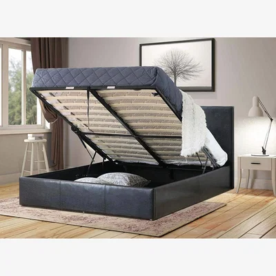 The Range Ottoman Bed Black Leather Storage Bed - Black / Yes / Small Double
