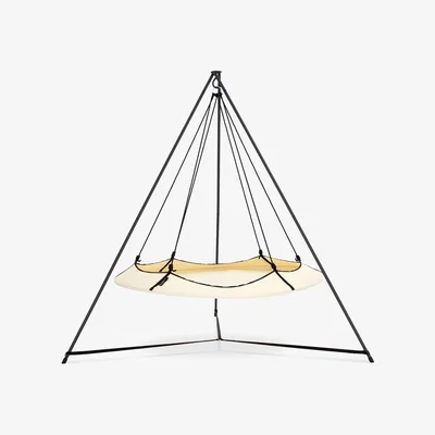 Furniture123 Hangout Pod Cream & Black Circular Hammock Bed with Stand & Cover