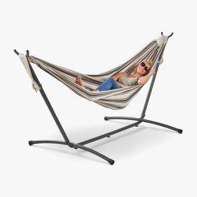 The Range Outdoor 2 Person Hammock with Frame and Stripe Design - Blue & White