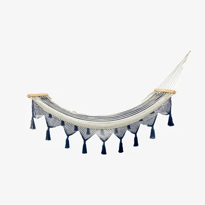 Wolf & Badger Colonial Navy Blue Cotton Hammock With Tassels - Teak Wooden Bar Artissanos