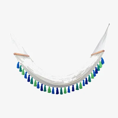 Wolf & Badger Deluxe Natural Cotton Hammock With Rainforest Inspired Tassels - Teak Wooden Bar Artissanos