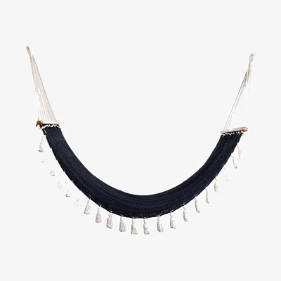 Wolf & Badger Boho Black Cotton Hammock With Tassels Wooden Bar Artissanos