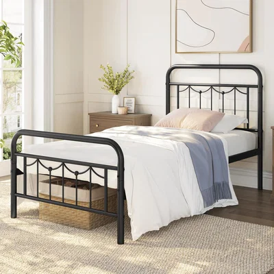 The Range Metal Platform Bed Frame with Vintage Headboard and Footboard - Black / Single