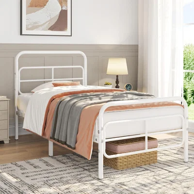 The Range Metal Bed Frame with Geometric Patterned Headboard - White / Single