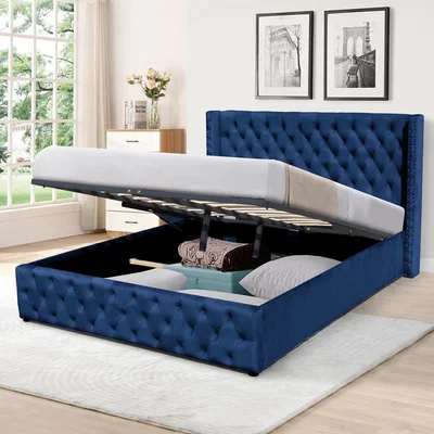 The Range Winged Velvet Storage Bed Frame with Headboard - Blue / Single