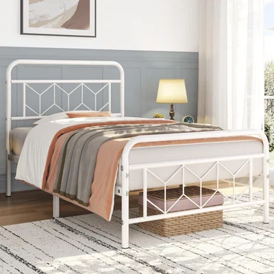 The Range Metal Bed Frame with Diamond Pattern Headboard and Footboard - White / Single