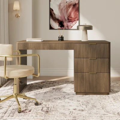 Furniture123 Dark Oak Ribbed Office Desk with 3 Drawers - Valencia