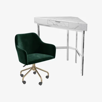 Furniture123 White Faux Marble Corner Desk & Green Velvet Office Chair - Roxy - Marley