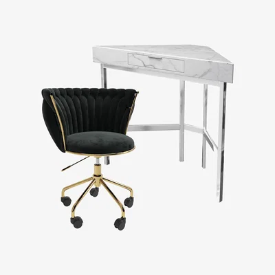 Furniture123 White Faux Marble Corner Desk & Black Velvet Knotted Office Chair - Roxy - Verity