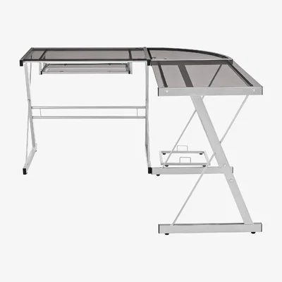 Furniture123 Foster Grey Office Corner Desk with Tempered Glass Table and Keyboard Tray