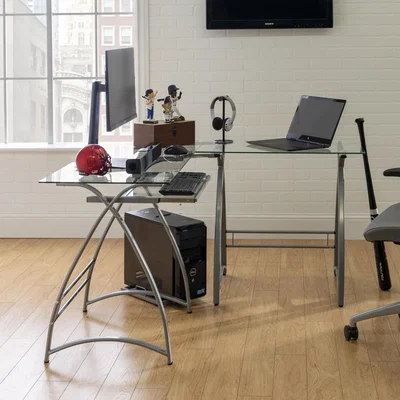 Furniture123 Modern Corner Desk in Silver with Glass Table Top - 51