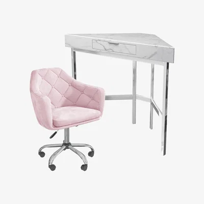 Furniture123 White Faux Marble Corner Desk & Baby Pink Velvet Buttoned Office Chair - Roxy - Marley