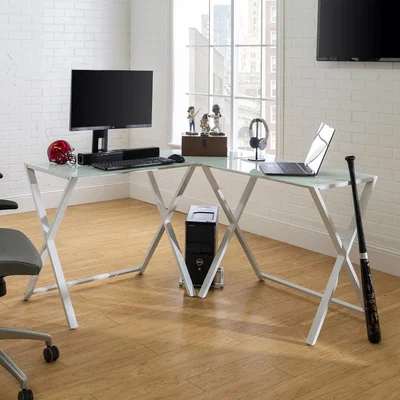 Furniture123 Modern Corner Desk in White with Glass Table Top - 51