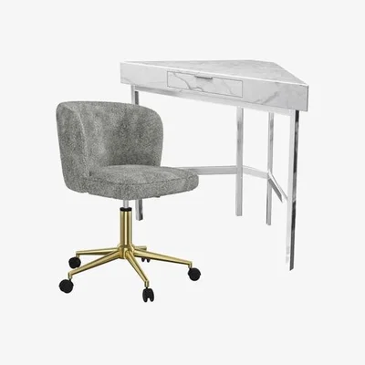 Furniture123 White Faux Marble Corner Desk & Teddy Fabric Office Chair Set - Roxy - Rowan