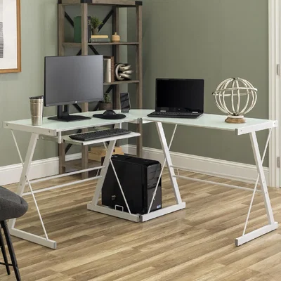 Furniture123 Foster White Corner Desk in Tempered Glass