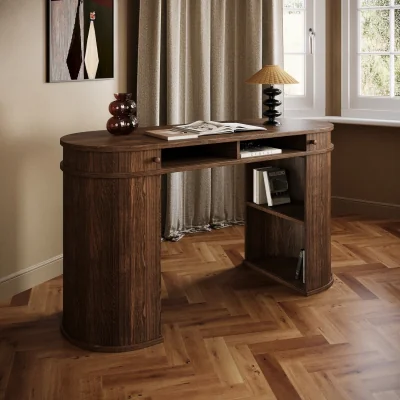 Furniture123 Dark Oak Curved Office Desk with Sliding Doors - Breuer