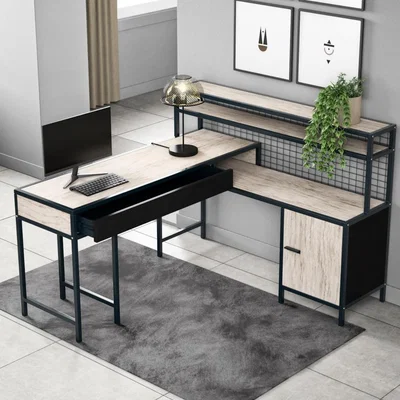 Furniture123 Large Industrial Corner Desk with Storage Drawers and Shelves - Indigo