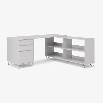 Made.com Elona Corner Desk with Open Sideboard, Grey & Copper