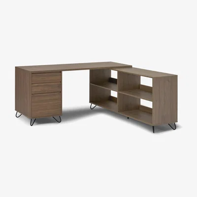 Made.com Elona Corner Desk with Open Sideboard, Walnut Effect & Black
