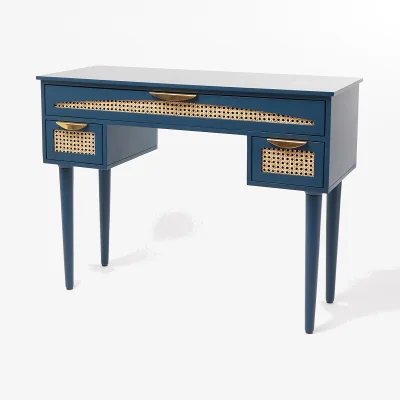Oliver Bonas Bue Blue Mango Wood & Rattan Desk & Dressing Table