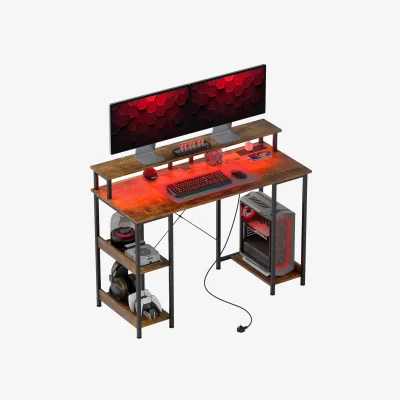The Range Industrial 120CM Computer Desk With USB Outlets, LED Lights, and Storage Shelves - Rustic Brown