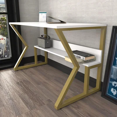 The Range Wake 120cm Wide Modern Computer Desk with Metal Legs - White & Gold