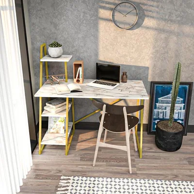 The Range Admira 03 - Computer Desk Studying Desk with Shelves - White Marble Effect