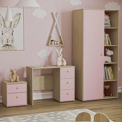 The Range Neptune 3 Piece Bedroom Set - Desk, 2 Drawer Bedside Cabinet, Wardobe - Pink and Oak