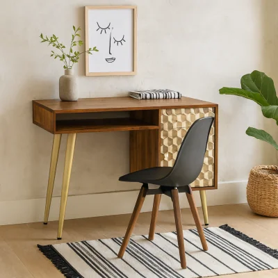 The Range Beijing Mango Wood Desk, 1 Drawer 1 Door, Gold Geometric Pattern - Mango Wood