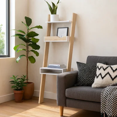 The Range Sapporo Leaning Desk with Shelves, White and Natural Oak - White