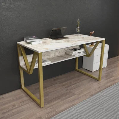 The Range Lona 120cm Modern Computer Desk with Metal Legs - White Marble Effect & Gold