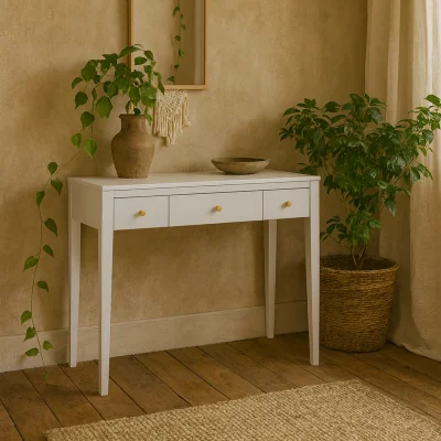 The Range Cordoba Wood Grain Desk 3 Drawers with Brass Knobs - White