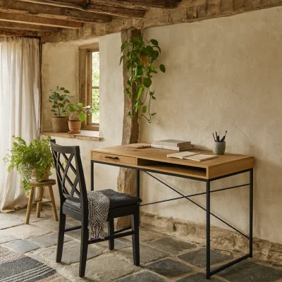 The Range El Paso Wild Oak Effect Desk with Drawer and Black Sledge Base - Neutral
