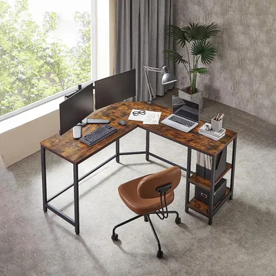 The Range Space Saving L-Shaped Computer Desk with Shelves - Rustic Brown and Black