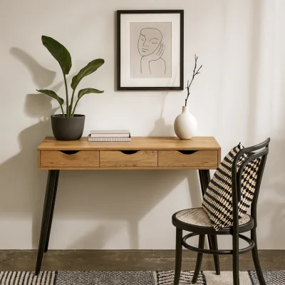 The Range Dresden Oak-Effect Office Desk, 3 Drawers, Matte Black Legs - Neutral