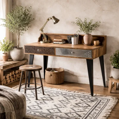 The Range Kokkola Quirky 2 Drawer Desk Reclaimed Solid Wood - Brown
