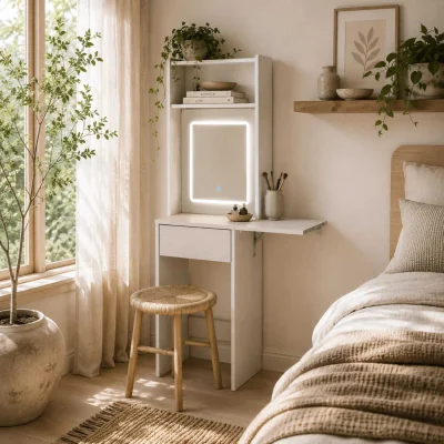 The Range Ravitti White Compact Vanity Desk with LED Mirror, Drop Leaf and Open Shelves