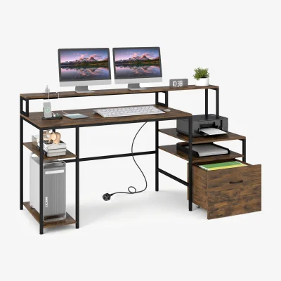 The Range Multi tiered Computer Desk with Charging Station - Brown