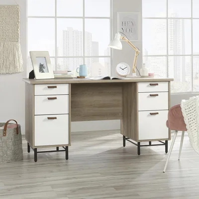 The Range Teknik Avon Leather Handled Executive Desk - Sky Oak/White