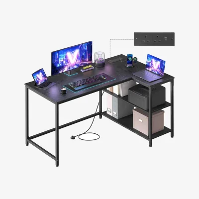 The Range L Shaped Computer Desk with Power Outlets, Black - Ebony Black