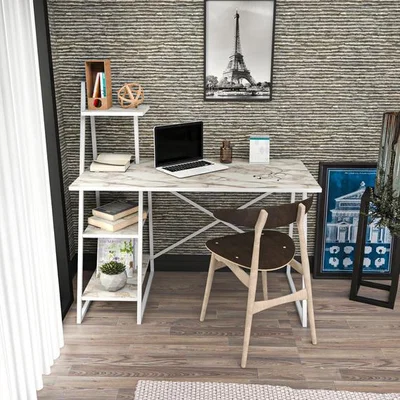 The Range Admira 02 - Computer Desk Studying Desk with Shelves - White Marble Effect