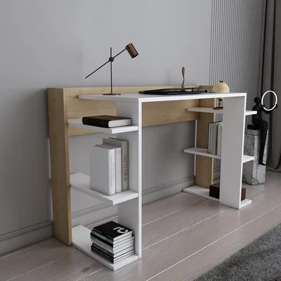 The Range Cina Modern Space Saver Computer Desk with Open Shelves - White&Sapphire Oak Pattern