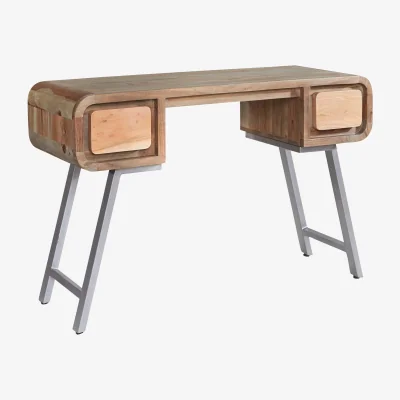 The Range Los Angeles Reclaimed Wood Desk Angled Metal Legs 2 Drawers - Brown