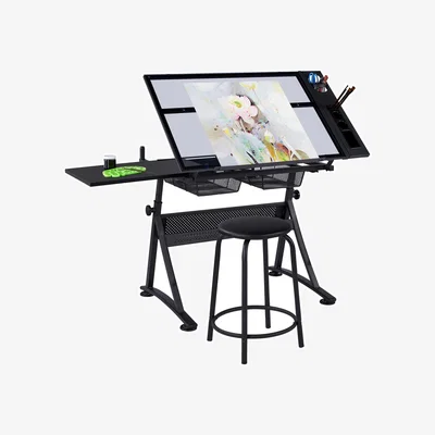 The Range Adjustable Glass Drafting Table with 2 Drawers and Storage - Black